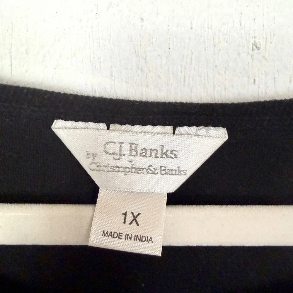 CJ Banks Tunic Black Tan Paisley Floral Beaded Artsy Eclectic Office Bohemian 1X - Picture 10 of 14